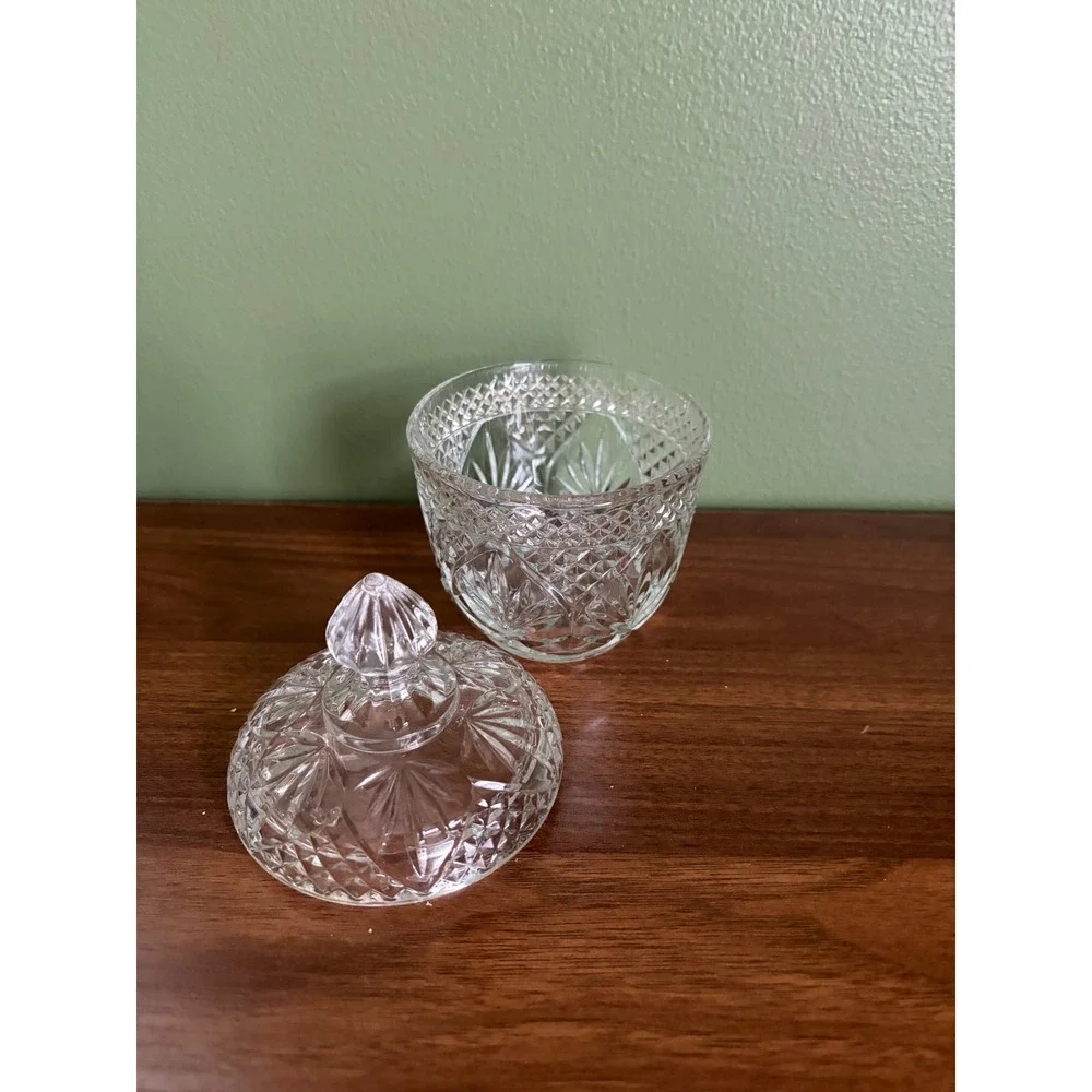 Vintage Pressed Glass Lidded Candy Dish Crystal Diamond‎ Cut Cottagecore